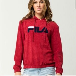 Fila red terry cloth hoodie with blue and white logo. Size M